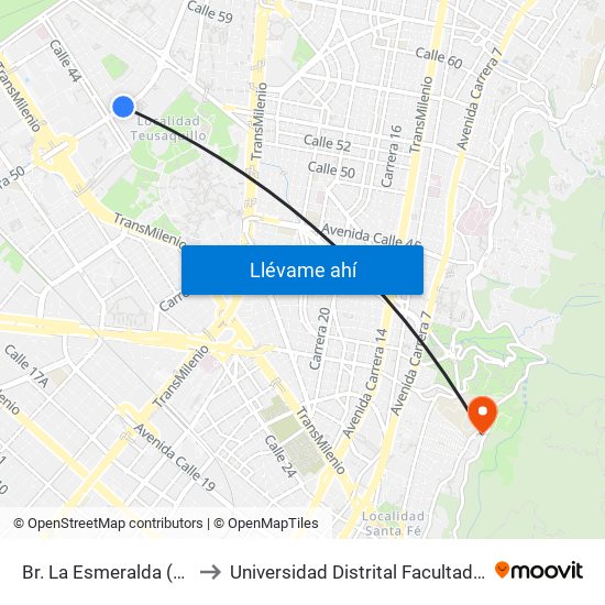 Br. La Esmeralda (Ak 50 - Cl 44b) to Universidad Distrital Facultad Del Medio Ambiente map