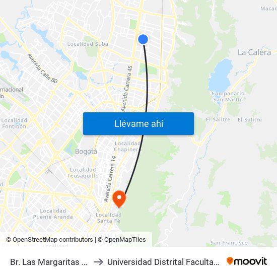 Br. Las Margaritas (Ak 19 - Cl 150) to Universidad Distrital Facultad Del Medio Ambiente map