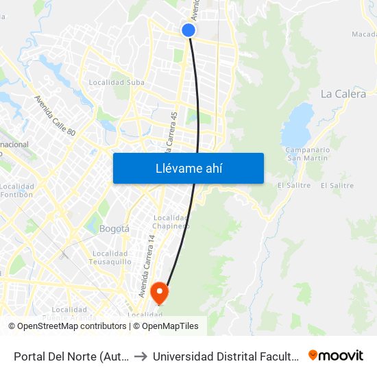 Portal Del Norte (Auto Norte - Cl 174a) to Universidad Distrital Facultad Del Medio Ambiente map