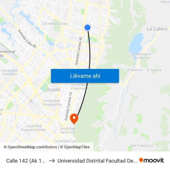 Calle 142 (Ak 19 - Cl 142) to Universidad Distrital Facultad Del Medio Ambiente map