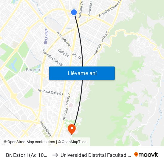 Br. Estoril (Ac 100 - Kr 47a) (A) to Universidad Distrital Facultad Del Medio Ambiente map