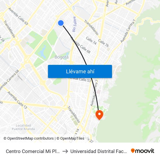 Centro Comercial Mi Placita (Ac 68 - Kr 65) (A) to Universidad Distrital Facultad Del Medio Ambiente map