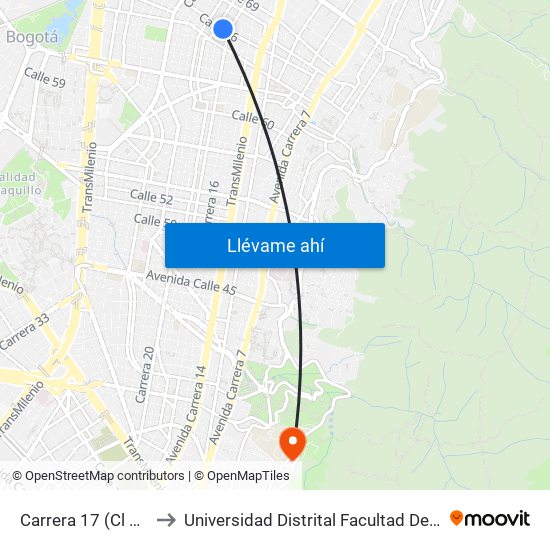 Carrera 17 (Cl 66 - Kr 17) to Universidad Distrital Facultad Del Medio Ambiente map