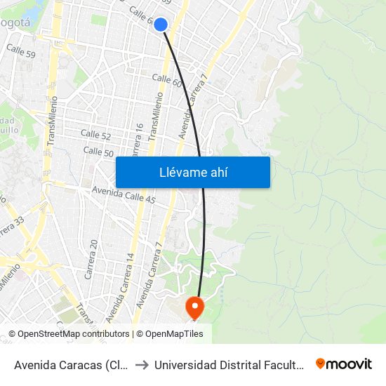 Avenida Caracas (Cl 66 - Av. Caracas) to Universidad Distrital Facultad Del Medio Ambiente map