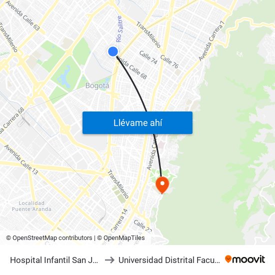 Hospital Infantil San José (Ac 68 - Kr 53) (A) to Universidad Distrital Facultad Del Medio Ambiente map