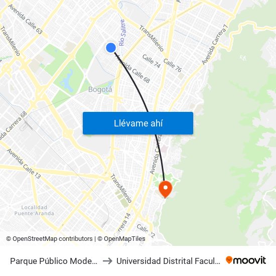 Parque Público Modelo (Ac 68 - Kr 57) (A) to Universidad Distrital Facultad Del Medio Ambiente map