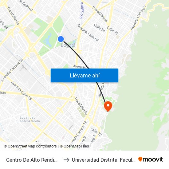 Centro De Alto Rendimiento (Ac 63 - Ak 60) to Universidad Distrital Facultad Del Medio Ambiente map