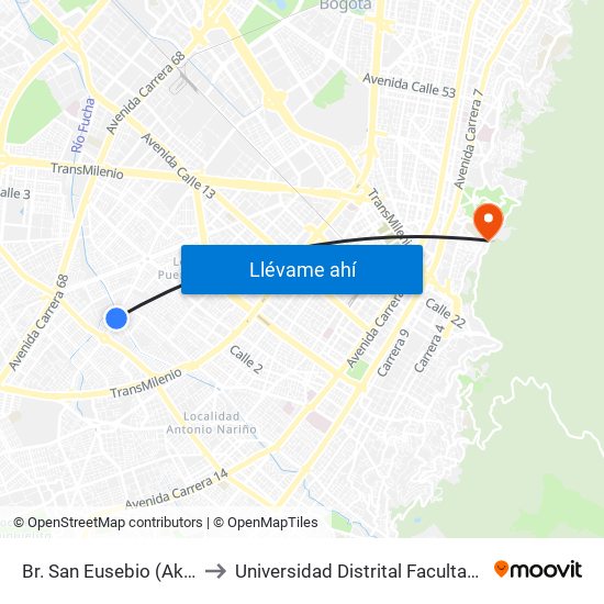 Br. San Eusebio (Ak 50 - Dg 16 Sur) to Universidad Distrital Facultad Del Medio Ambiente map