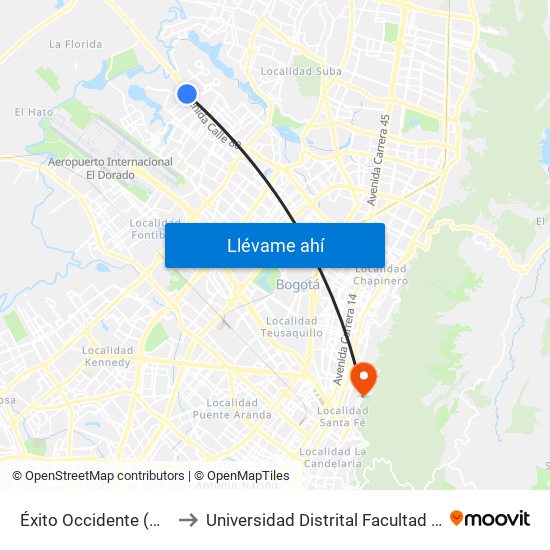 Éxito Occidente (Ak 114 - Cl 79) to Universidad Distrital Facultad Del Medio Ambiente map