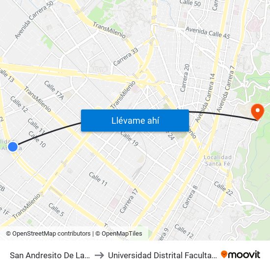 San Andresito De La 38 (Ac 6 - Kr 38) to Universidad Distrital Facultad Del Medio Ambiente map