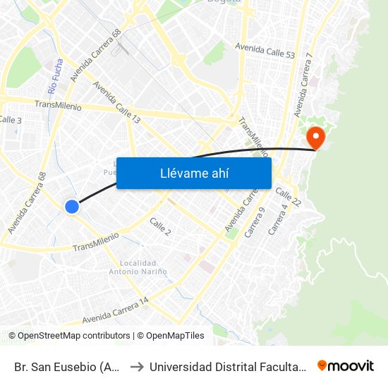 Br. San Eusebio (Ak 50 - Cl 22 Sur) to Universidad Distrital Facultad Del Medio Ambiente map