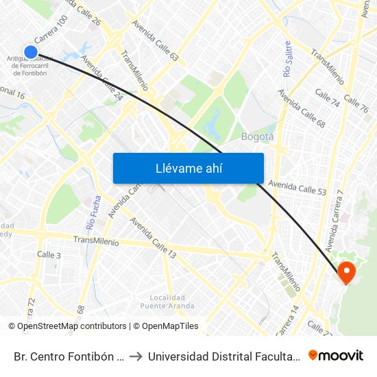 Br. Centro Fontibón (Ac 22 - Kr 97b) to Universidad Distrital Facultad Del Medio Ambiente map