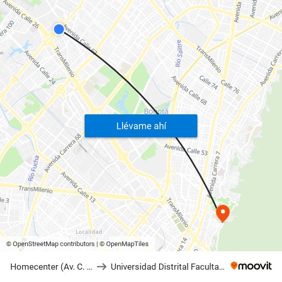 Homecenter (Av. C. De Cali - Cl 52a) to Universidad Distrital Facultad Del Medio Ambiente map