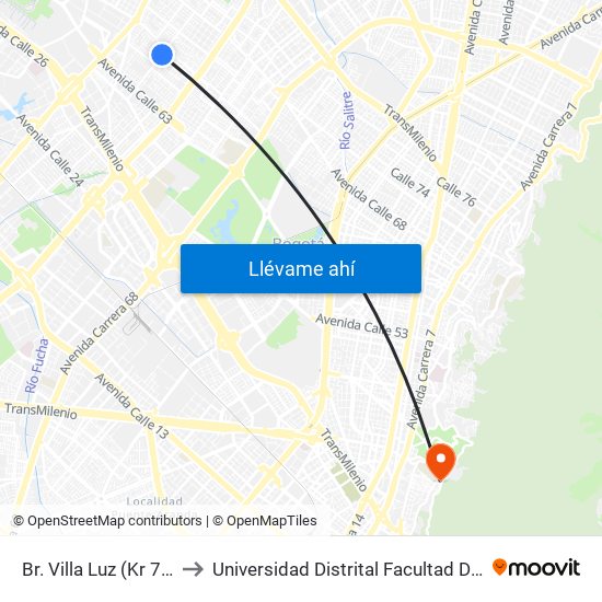 Br. Villa Luz (Kr 77a - Cl 65a) to Universidad Distrital Facultad Del Medio Ambiente map