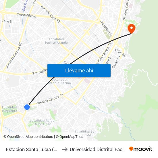 Estación Santa Lucía (Av. Caracas - Dg 45c Sur) to Universidad Distrital Facultad Del Medio Ambiente map
