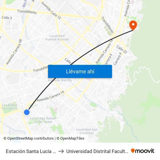 Estación Santa Lucía (Cl 46 Sur - Kr 19a) to Universidad Distrital Facultad Del Medio Ambiente map