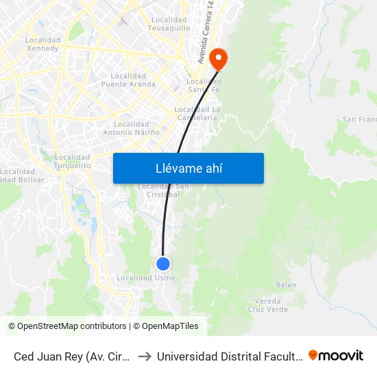 Ced Juan Rey (Av. Circunvalar - Cl 70 Sur) to Universidad Distrital Facultad Del Medio Ambiente map