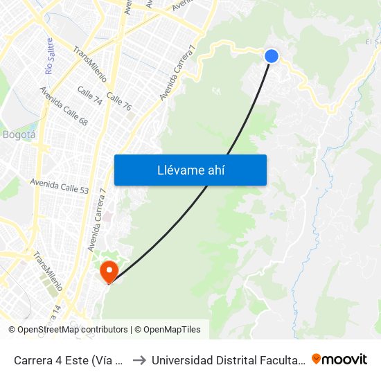 Carrera 4 Este (Vía La Calera Km 4,5) to Universidad Distrital Facultad Del Medio Ambiente map