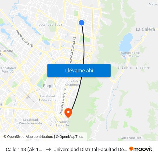 Calle 148 (Ak 19 - Cl 148) to Universidad Distrital Facultad Del Medio Ambiente map