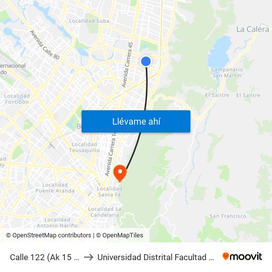 Calle 122 (Ak 15 - Cl 122) (A) to Universidad Distrital Facultad Del Medio Ambiente map