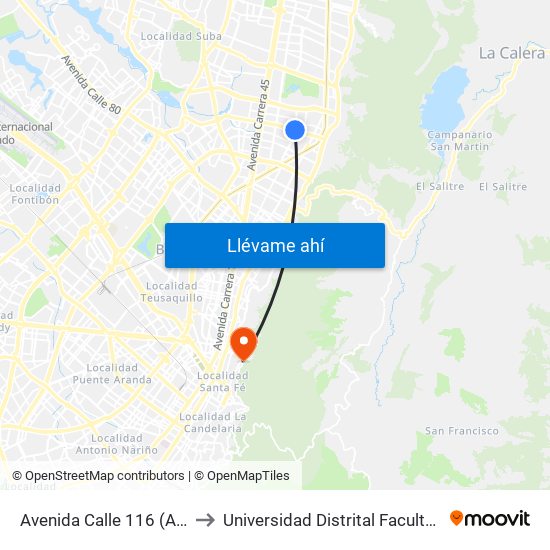 Avenida Calle 116 (Ak 15 - Ac 116) (A) to Universidad Distrital Facultad Del Medio Ambiente map