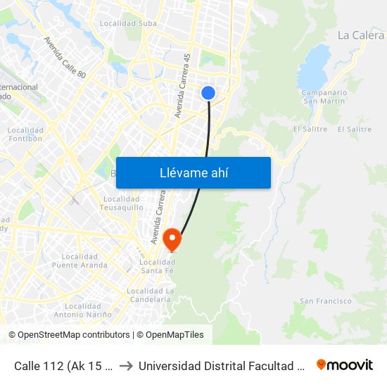 Calle 112 (Ak 15 - Cl 112) (A) to Universidad Distrital Facultad Del Medio Ambiente map