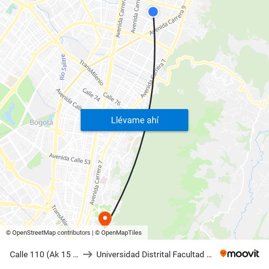 Calle 110 (Ak 15 - Cl 110) (A) to Universidad Distrital Facultad Del Medio Ambiente map