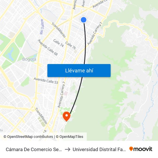 Cámara De Comercio Sede Norte (Ak 15 - Cl 93a) (B) to Universidad Distrital Facultad Del Medio Ambiente map