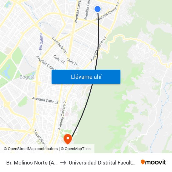 Br. Molinos Norte (Ak 15 - Cl 106) (A) to Universidad Distrital Facultad Del Medio Ambiente map