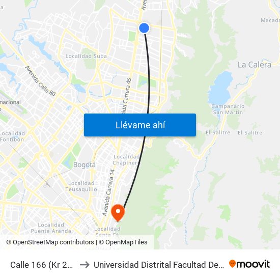 Calle 166 (Kr 20 - Cl 166) to Universidad Distrital Facultad Del Medio Ambiente map