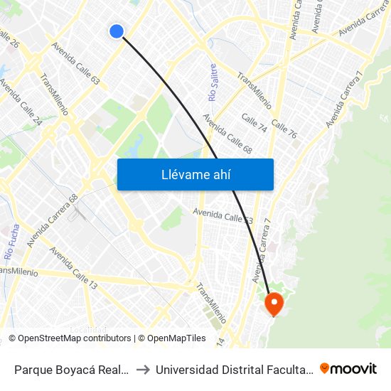 Parque Boyacá Real (Kr 74a - Cl 69a) to Universidad Distrital Facultad Del Medio Ambiente map