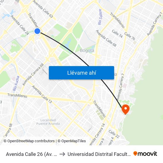 Avenida Calle 26 (Av. Boyacá - Ac 26) (A) to Universidad Distrital Facultad Del Medio Ambiente map