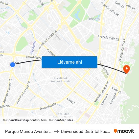 Parque Mundo Aventura (Av. Boyacá - Cl 2) (A) to Universidad Distrital Facultad Del Medio Ambiente map