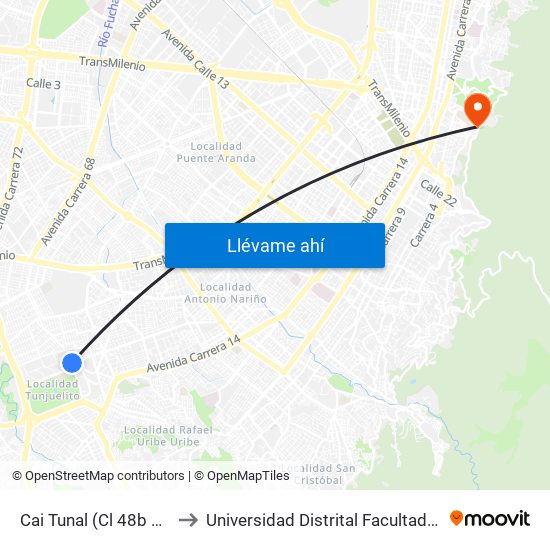 Cai Tunal (Cl 48b Sur - Kr 24) (A) to Universidad Distrital Facultad Del Medio Ambiente map