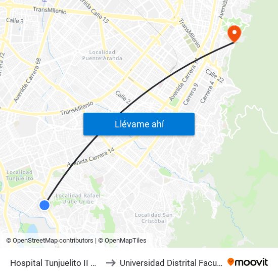 Hospital Tunjuelito II Nivel (Cl 52 Sur - Kr 14) to Universidad Distrital Facultad Del Medio Ambiente map