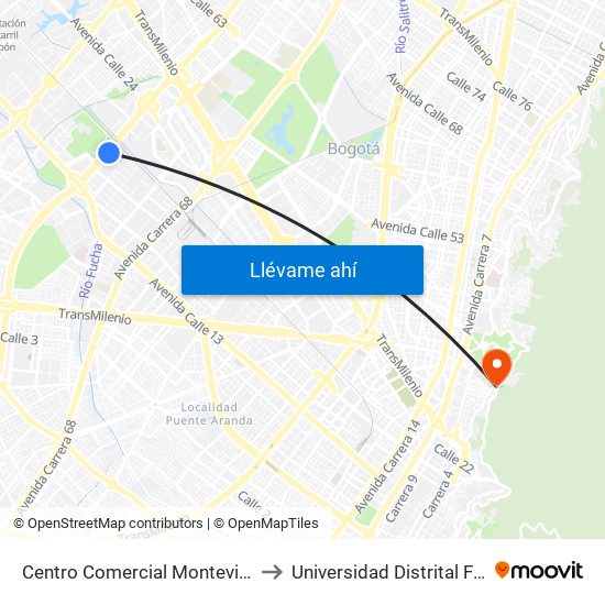 Centro Comercial Montevideo Plaza (Av. Boyacá - Cl 21) (A) to Universidad Distrital Facultad Del Medio Ambiente map