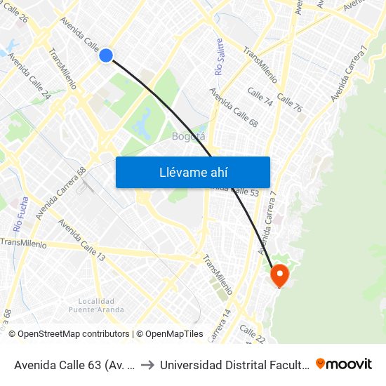 Avenida Calle 63 (Av. Boyacá - Ac 63) (A) to Universidad Distrital Facultad Del Medio Ambiente map