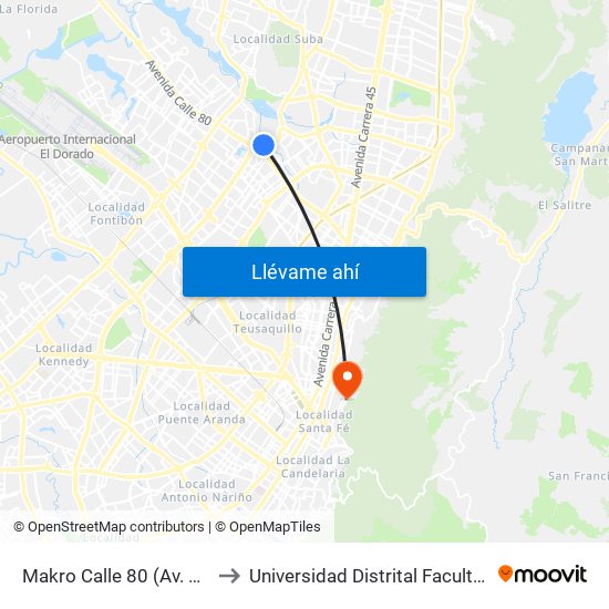 Makro Calle 80 (Av. Boyacá - Ac 80) (A) to Universidad Distrital Facultad Del Medio Ambiente map