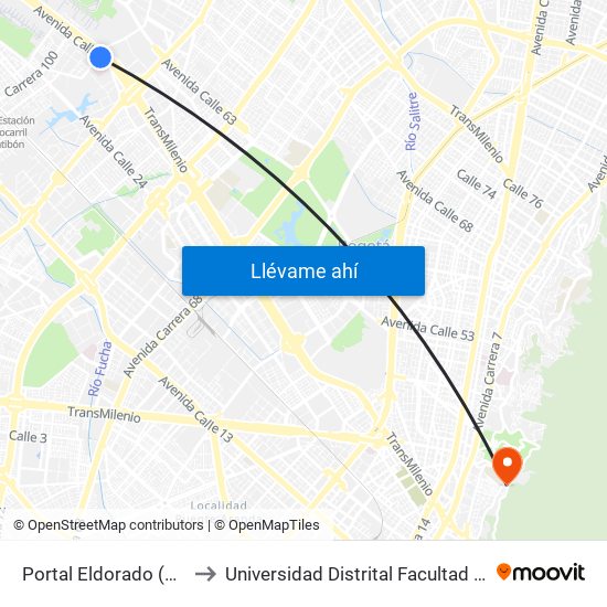 Portal Eldorado (Ac 26 - Ak 96) to Universidad Distrital Facultad Del Medio Ambiente map