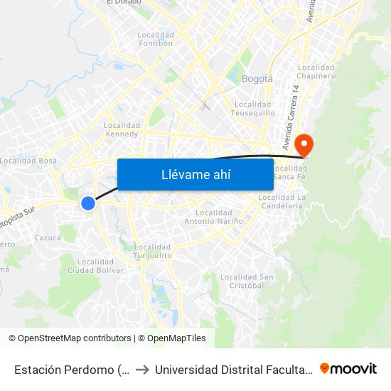 Estación Perdomo (Auto Sur - Kr 72) to Universidad Distrital Facultad Del Medio Ambiente map