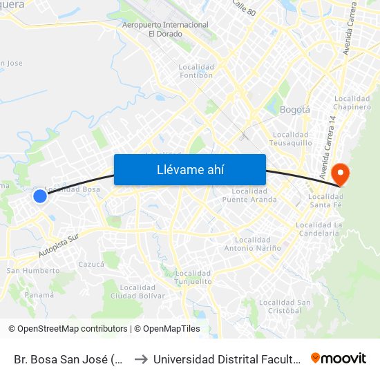 Br. Bosa San José (Kr 80i - Cl 85b Sur) to Universidad Distrital Facultad Del Medio Ambiente map