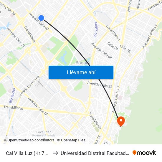 Cai Villa Luz (Kr 77a - Cl 63f Bis) to Universidad Distrital Facultad Del Medio Ambiente map