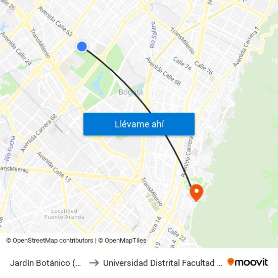 Jardín Botánico (Ac 63 - Kr 69l) to Universidad Distrital Facultad Del Medio Ambiente map