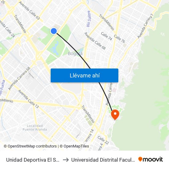Unidad Deportiva El Salitre (Ac 63 - Ak 68) to Universidad Distrital Facultad Del Medio Ambiente map