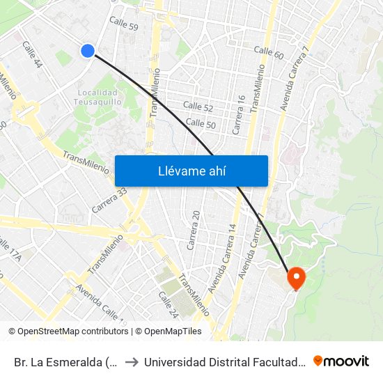 Br. La Esmeralda (Ac 53 - Ak 50) to Universidad Distrital Facultad Del Medio Ambiente map