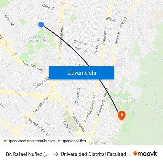 Br. Rafael Nuñez (Ac 53 - Ak 45) to Universidad Distrital Facultad Del Medio Ambiente map