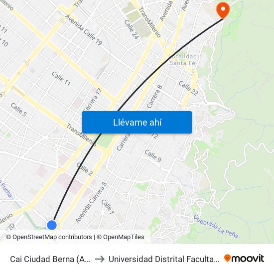 Cai Ciudad Berna (Ac 11 Sur - Ak 10) to Universidad Distrital Facultad Del Medio Ambiente map