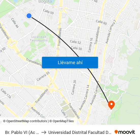 Br. Pablo VI (Ac 53 - Kr 54) to Universidad Distrital Facultad Del Medio Ambiente map