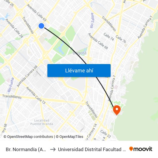 Br. Normandía (Ac 53 - Kr 71c) to Universidad Distrital Facultad Del Medio Ambiente map