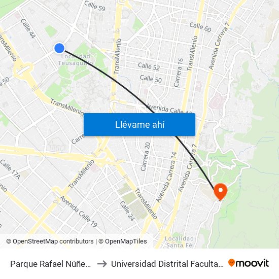 Parque Rafael Núñez (Ak 50 - Cl 44c) to Universidad Distrital Facultad Del Medio Ambiente map